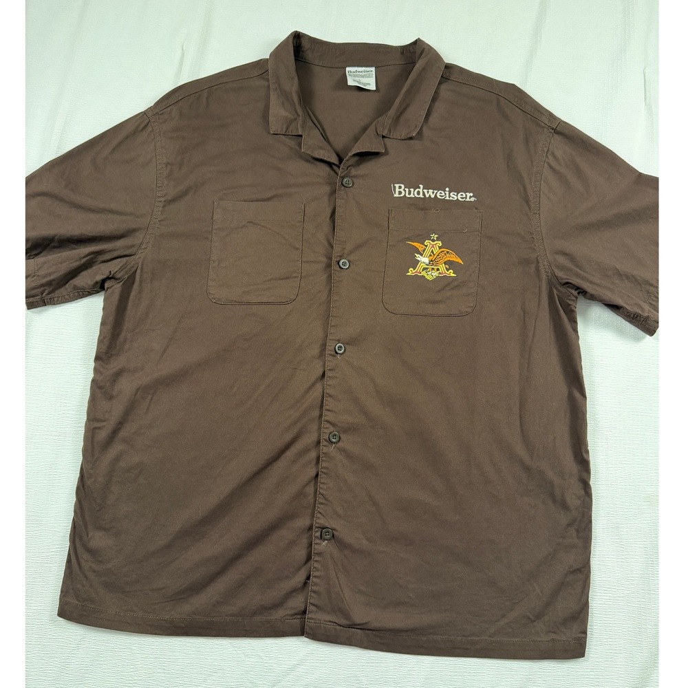 Budweiser Lager Beer Mens Large Brown Short Sleeve Button Down Work Shirt Logo